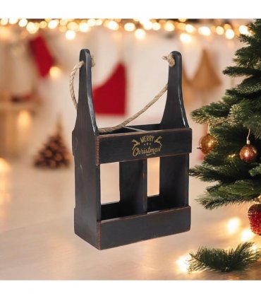 AcaciaHome Elegant and Vintage Wooden 2-Bottle Wine Rack Stand - Hand Painted Freestanding Wine Holder with Rope Handle for Home & Bar Decor for Wine Enthusiasts (Black)