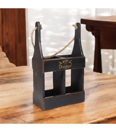 AcaciaHome Elegant and Vintage Wooden 2-Bottle Wine Rack Stand - Hand Painted Freestanding Wine Holder with Rope Handle for Home & Bar Decor for Wine Enthusiasts (Black)