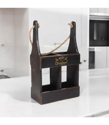 AcaciaHome Elegant and Vintage Wooden 2-Bottle Wine Rack Stand - Hand Painted Freestanding Wine Holder with Rope Handle for Home & Bar Decor for Wine Enthusiasts (Black)