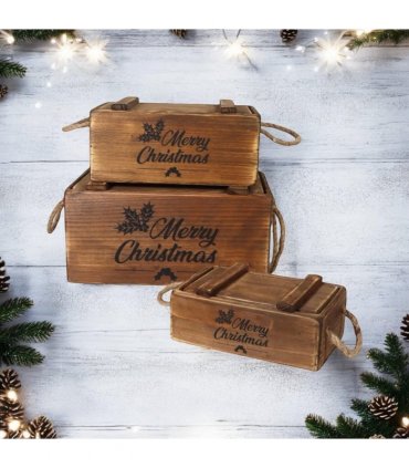 AcaciaHome Stylish and Vintage Wooden Merry Christmas Storage Crate Set – 3 Rustic Display Boxes for Garden & Home Decor – Stackable, Durable, Space-Saving Design for Home & Outdoor Use (Brown)