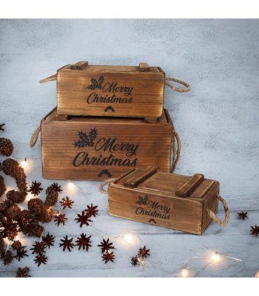 AcaciaHome Stylish and Vintage Wooden Merry Christmas Storage Crate Set – 3 Rustic Display Boxes for Garden & Home Decor – Stackable, Durable, Space-Saving Design for Home & Outdoor Use (Brown)