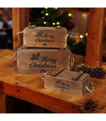 AcaciaHome Stylish and Vintage Wooden Merry Christmas Storage Crate Set – 3 Rustic Display Boxes for Garden & Home Decor – Stackable, Durable, Space-Saving Design for Home & Outdoor Use (Brown)