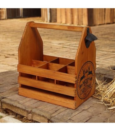 AcaciaHome Vintage and Stylish Festive 6-Bottle Wooden Beer Rack – Merry Xmas Beer Holder with Handle, Easy Assembly for Beer Lovers’ Home Bar, Kitchen, or Man Cave Décor (Brown)