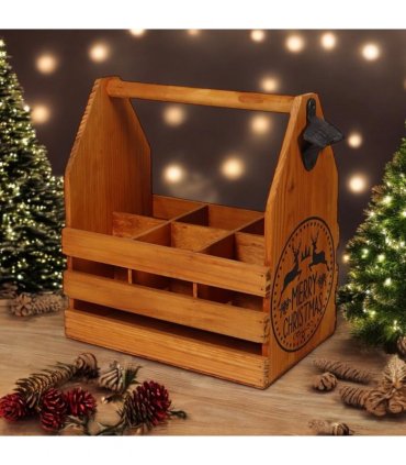 AcaciaHome Vintage and Stylish Festive 6-Bottle Wooden Beer Rack – Merry Xmas Beer Holder with Handle, Easy Assembly for Beer Lovers’ Home Bar, Kitchen, or Man Cave Décor (Brown)