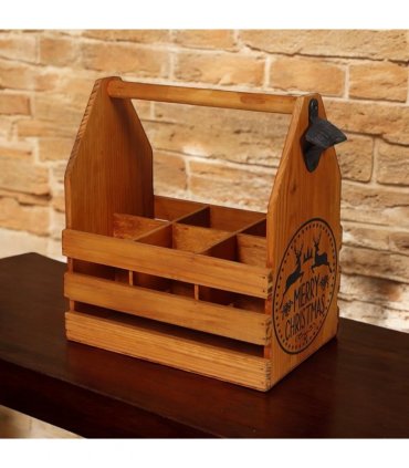 AcaciaHome Vintage and Stylish Festive 6-Bottle Wooden Beer Rack – Merry Xmas Beer Holder with Handle, Easy Assembly for Beer Lovers’ Home Bar, Kitchen, or Man Cave Décor (Brown)