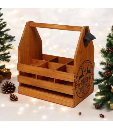 AcaciaHome Vintage and Stylish Festive 6-Bottle Wooden Beer Rack – Merry Xmas Beer Holder with Handle, Easy Assembly for Beer Lovers’ Home Bar, Kitchen, or Man Cave Décor (Brown)