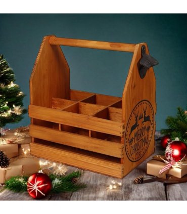 AcaciaHome Vintage and Stylish Festive 6-Bottle Wooden Beer Rack – Merry Xmas Beer Holder with Handle, Easy Assembly for Beer Lovers’ Home Bar, Kitchen, or Man Cave Décor (Brown)