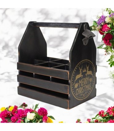 AcaciaHome Vintage and Stylish Festive 6-Bottle Wooden Beer Rack – Merry Xmas Beer Holder with Handle, Easy Assembly for Beer Lovers’ Home Bar, Kitchen, or Man Cave Décor (Black)