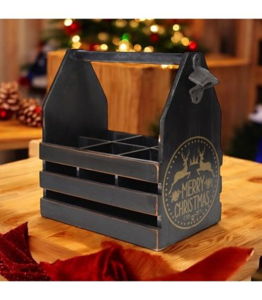 AcaciaHome Vintage and Stylish Festive 6-Bottle Wooden Beer Rack – Merry Xmas Beer Holder with Handle, Easy Assembly for Beer Lovers’ Home Bar, Kitchen, or Man Cave Décor (Black)