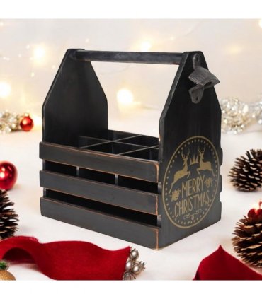 AcaciaHome Vintage and Stylish Festive 6-Bottle Wooden Beer Rack – Merry Xmas Beer Holder with Handle, Easy Assembly for Beer Lovers’ Home Bar, Kitchen, or Man Cave Décor (Black)