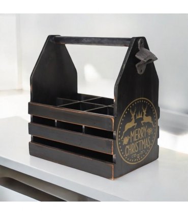 AcaciaHome Vintage and Stylish Festive 6-Bottle Wooden Beer Rack – Merry Xmas Beer Holder with Handle, Easy Assembly for Beer Lovers’ Home Bar, Kitchen, or Man Cave Décor (Black)
