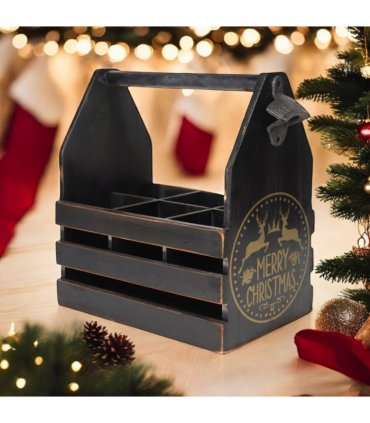 AcaciaHome Vintage and Stylish Festive 6-Bottle Wooden Beer Rack – Merry Xmas Beer Holder with Handle, Easy Assembly for Beer Lovers’ Home Bar, Kitchen, or Man Cave Décor (Black)