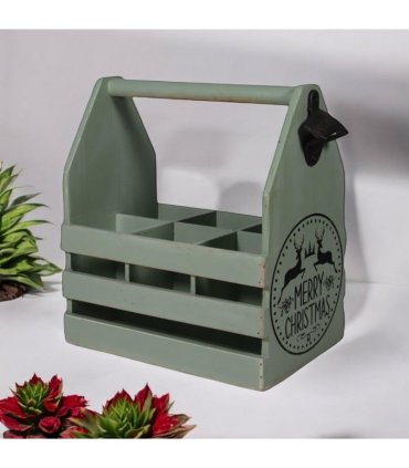 AcaciaHome Vintage and Stylish Festive 6-Bottle Wooden Beer Rack – Merry Xmas Beer Holder with Handle, Easy Assembly for Beer Lovers’ Home Bar, Kitchen, or Man Cave Décor (Green)