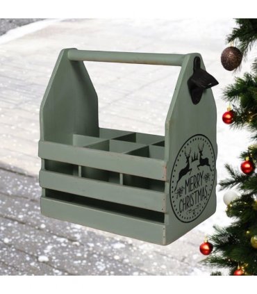 AcaciaHome Vintage and Stylish Festive 6-Bottle Wooden Beer Rack – Merry Xmas Beer Holder with Handle, Easy Assembly for Beer Lovers’ Home Bar, Kitchen, or Man Cave Décor (Green)