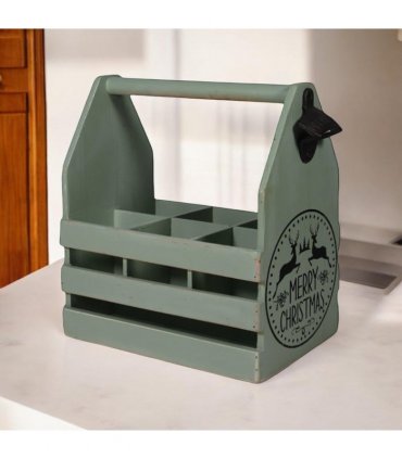 AcaciaHome Vintage and Stylish Festive 6-Bottle Wooden Beer Rack – Merry Xmas Beer Holder with Handle, Easy Assembly for Beer Lovers’ Home Bar, Kitchen, or Man Cave Décor (Green)