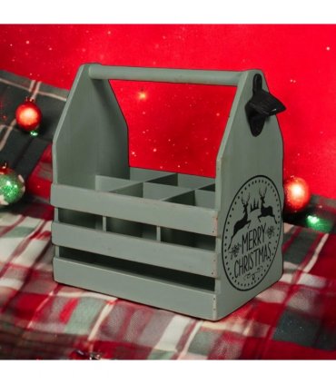 AcaciaHome Vintage and Stylish Festive 6-Bottle Wooden Beer Rack – Merry Xmas Beer Holder with Handle, Easy Assembly for Beer Lovers’ Home Bar, Kitchen, or Man Cave Décor (Green)