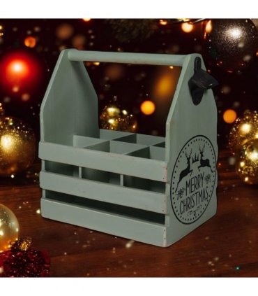 AcaciaHome Vintage and Stylish Festive 6-Bottle Wooden Beer Rack – Merry Xmas Beer Holder with Handle, Easy Assembly for Beer Lovers’ Home Bar, Kitchen, or Man Cave Décor (Green)