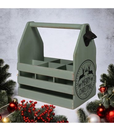 AcaciaHome Vintage and Stylish Festive 6-Bottle Wooden Beer Rack – Merry Xmas Beer Holder with Handle, Easy Assembly for Beer Lovers’ Home Bar, Kitchen, or Man Cave Décor (Green)