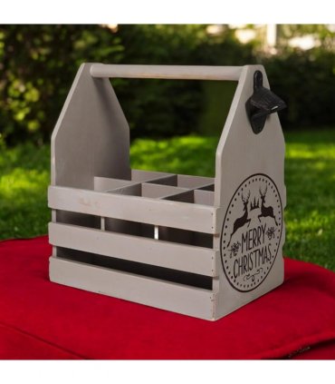 AcaciaHome Vintage and Stylish Festive 6-Bottle Wooden Beer Rack – Merry Xmas Beer Holder with Handle, Easy Assembly for Beer Lovers’ Home Bar, Kitchen, or Man Cave Décor (Grey)