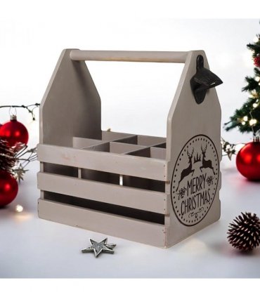 AcaciaHome Vintage and Stylish Festive 6-Bottle Wooden Beer Rack – Merry Xmas Beer Holder with Handle, Easy Assembly for Beer Lovers’ Home Bar, Kitchen, or Man Cave Décor (Grey)