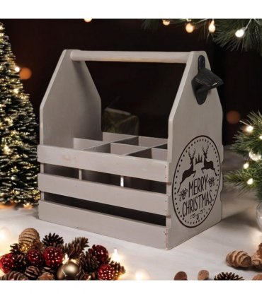 AcaciaHome Vintage and Stylish Festive 6-Bottle Wooden Beer Rack – Merry Xmas Beer Holder with Handle, Easy Assembly for Beer Lovers’ Home Bar, Kitchen, or Man Cave Décor (Grey)
