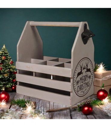 AcaciaHome Vintage and Stylish Festive 6-Bottle Wooden Beer Rack – Merry Xmas Beer Holder with Handle, Easy Assembly for Beer Lovers’ Home Bar, Kitchen, or Man Cave Décor (Grey)