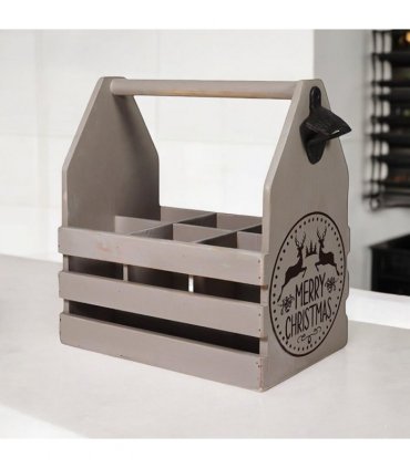 AcaciaHome Vintage and Stylish Festive 6-Bottle Wooden Beer Rack – Merry Xmas Beer Holder with Handle, Easy Assembly for Beer Lovers’ Home Bar, Kitchen, or Man Cave Décor (Grey)