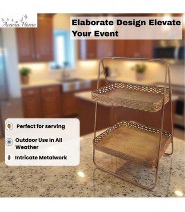 AcaciaHome Rusty 2-Tier 59cm Rectangular Metal Cake & Plant Stand – Stylish and Durable Patina Display for Pastries, Herbs, or Decor – Ideal for Events, Garden Parties, or Home Presentation