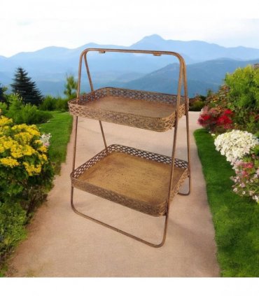 AcaciaHome Rusty 2-Tier 59cm Rectangular Metal Cake & Plant Stand – Stylish and Durable Patina Display for Pastries, Herbs, or Decor – Ideal for Events, Garden Parties, or Home Presentation