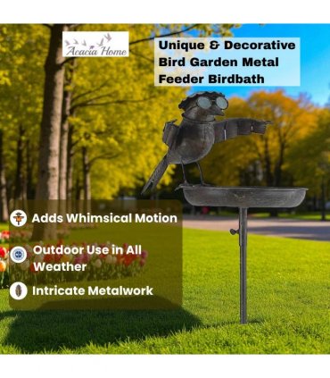 Stylish and Modern Metal Bird Feeder Birdbath Spinner Stake – Decorative Outdoor Art with Rocking Motion, Perfect for Yard, Porch, or Garden and a Great Gift for Bird Lovers (Black, 51" Metal Bird)
