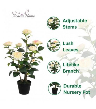 Stylish 58cm Tall Camellia Tree with 8 Stunning Flower Heads and 58 Leaves - Realistic Blooms Provide Elegant Color and Fresh Style for Home, Offices, Parties, Decoration or Event Spaces