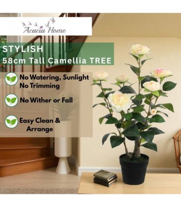 Stylish 58cm Tall Camellia Tree with 8 Stunning Flower Heads and 58 Leaves - Realistic Blooms Provide Elegant Color and Fresh Style for Home, Offices, Parties, Decoration or Event Spaces