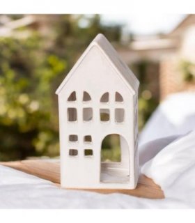 Modern Village Ceramic Tea Light Holder – House-Shaped Pottery Décor with Painted Finish, Free-Standing, Stylish Indoor Decoration for Living Room, Bedroom, Office & Gifts (21cm Candle Holder)