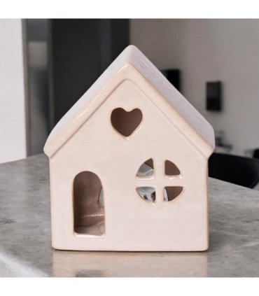 Modern Ceramic Tea Light Holder – House-Shaped Pottery from Porch Village Collection, Free-Standing with Painted Finish, Stylish Indoor Décor, Gift-Ready, Tea Light Excluded (17cm Candle Holder)