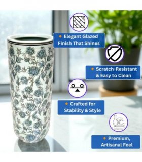 AcaciaHome Stylish Floral Ceramic Umbrella Stand with Glazed Vintage Finish – 18" Tall Decorative Round Holder for Umbrellas, Canes, or Vase Use in Entryway or Living Room (Multicoloured)