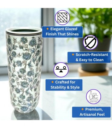 AcaciaHome Stylish Floral Ceramic Umbrella Stand with Glazed Vintage Finish – 18" Tall Decorative Round Holder for Umbrellas, Canes, or Vase Use in Entryway or Living Room (Multicoloured)