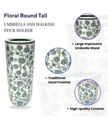 AcaciaHome Stylish Floral Ceramic Umbrella Stand with Glazed Vintage Finish – 18" Tall Decorative Round Holder for Umbrellas, Canes, or Vase Use in Entryway or Living Room (Multicoloured)