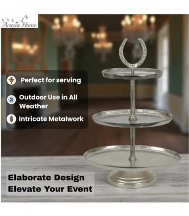 AcaciaHome Horseshoe 3 Tier Dessert Stand – 38cm Oval Nickel Display Tray with Horse Bit Accents – Elegant Art Deco Style for Serving Cupcakes, Cakes, Weddings, Parties, or Home