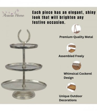 AcaciaHome Horseshoe 3 Tier Dessert Stand – 38cm Oval Nickel Display Tray with Horse Bit Accents – Elegant Art Deco Style for Serving Cupcakes, Cakes, Weddings, Parties, or Home