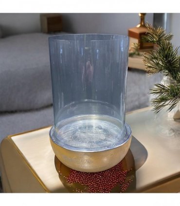 Elegant and Classic New Silver Chrome Wood & Glass Ring Candle Holder Hurricane Lamp – Wedding Metal Design Table Decor for enhancing living rooms, bedrooms, or weddings
