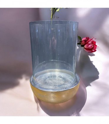 Elegant and Classic New Silver Chrome Wood & Glass Ring Candle Holder Hurricane Lamp – Wedding Metal Design Table Decor for enhancing living rooms, bedrooms, or weddings