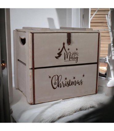 AcaciaHome Vintage and Charming Rustic Merry Xmas Storage Crate – Stackable and Durable Xmas Eve Wooden Box with Dust-Proof, Freestanding, Non-Lidded with Handle for home, garden (Vintage Grey)