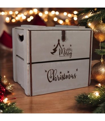 AcaciaHome Vintage and Charming Rustic Merry Xmas Storage Crate – Stackable and Durable Xmas Eve Wooden Box with Dust-Proof, Freestanding, Non-Lidded with Handle for home, garden (Vintage Grey)