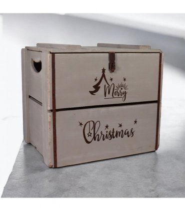 AcaciaHome Vintage and Charming Rustic Merry Xmas Storage Crate – Stackable and Durable Xmas Eve Wooden Box with Dust-Proof, Freestanding, Non-Lidded with Handle for home, garden (Vintage Grey)