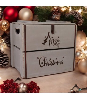 AcaciaHome Vintage and Charming Rustic Merry Xmas Storage Crate – Stackable and Durable Xmas Eve Wooden Box with Dust-Proof, Freestanding, Non-Lidded with Handle for home, garden (Vintage Grey)
