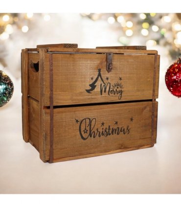 AcaciaHome Vintage and Charming Rustic Merry Xmas Storage Crate – Stackable and Durable Xmas Eve Wooden Box with Dust-Proof, Freestanding, Non-Lidded with Handle for home, garden (Vintage Brown)