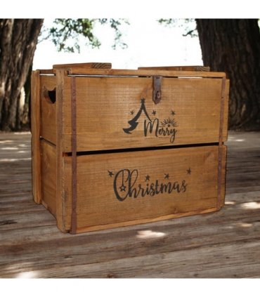 AcaciaHome Vintage and Charming Rustic Merry Xmas Storage Crate – Stackable and Durable Xmas Eve Wooden Box with Dust-Proof, Freestanding, Non-Lidded with Handle for home, garden (Vintage Brown)