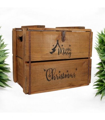 AcaciaHome Vintage and Charming Rustic Merry Xmas Storage Crate – Stackable and Durable Xmas Eve Wooden Box with Dust-Proof, Freestanding, Non-Lidded with Handle for home, garden (Vintage Brown)