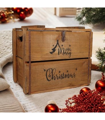 AcaciaHome Vintage and Charming Rustic Merry Xmas Storage Crate – Stackable and Durable Xmas Eve Wooden Box with Dust-Proof, Freestanding, Non-Lidded with Handle for home, garden (Vintage Brown)