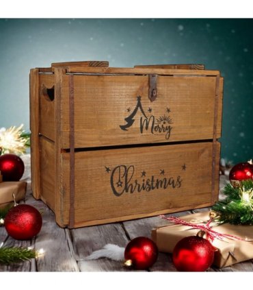 AcaciaHome Vintage and Charming Rustic Merry Xmas Storage Crate – Stackable and Durable Xmas Eve Wooden Box with Dust-Proof, Freestanding, Non-Lidded with Handle for home, garden (Vintage Brown)
